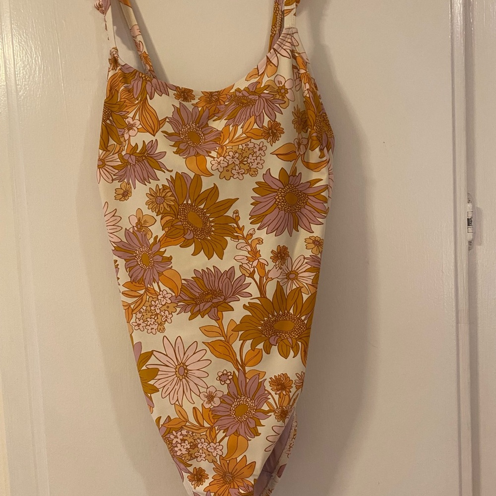 Kona Sol Orange and Purple One Piece Swimsuit Retro Floral